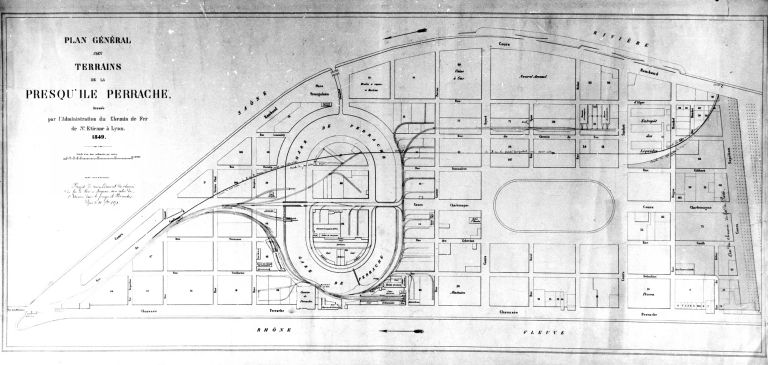 Plan de la presqu'île. Projet de raccordement du chemin de fer de Paris avec celui de St-Etienne, 20 novembre 1851