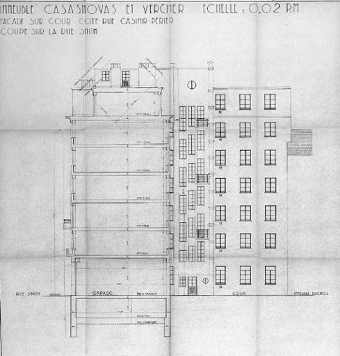 Elévation sur cour, rue Casimir-Perier et coupe sur la rue Smith, par Robert Giroux, 1939