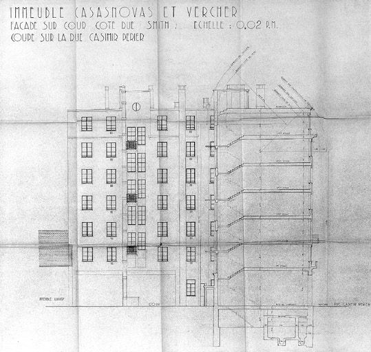 Elévation sur cour, rue Smith et coupe rue Casimir-Perier par Robert Giroux, 1939