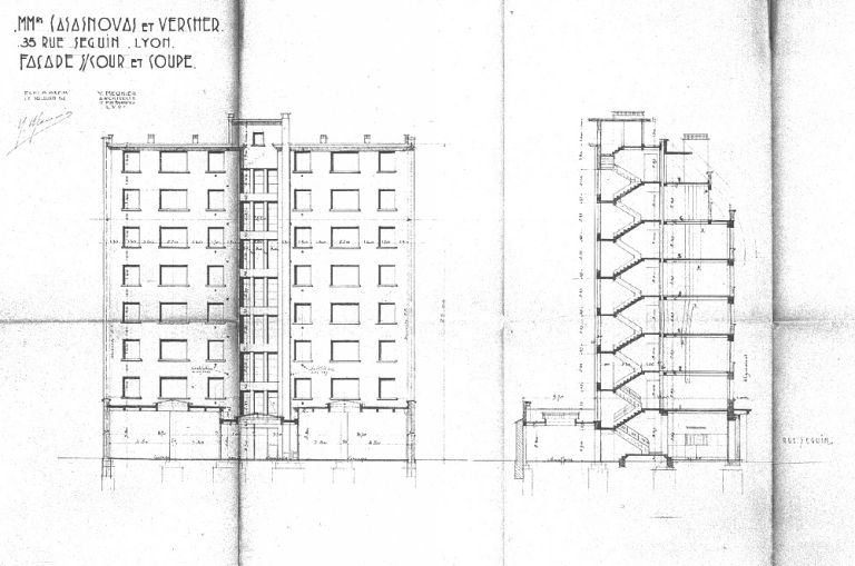 Elévation sur cour et coupe / Y. Meunier, 10 juin 1954