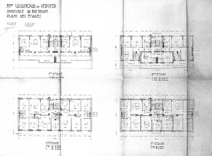 Plans des 1er, 2e, 6e et 7e étages / Y. Meunier, 1er juin 1954