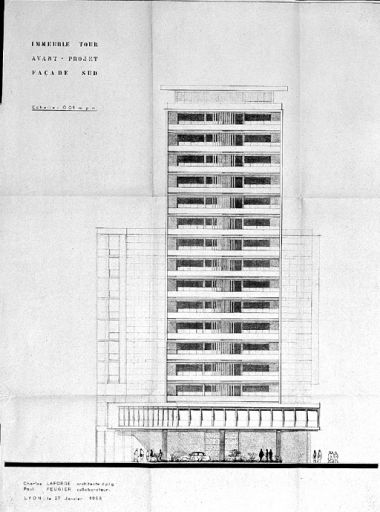 Projet d'immeuble tour. Elévation sud / Claude Laforge et Paul Feugier, 1958