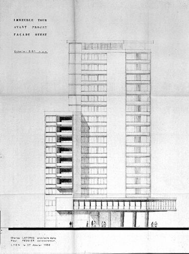 Projet d'immeuble tour. Elévation ouest / Claude Laforge et Paul Feugier, 1958