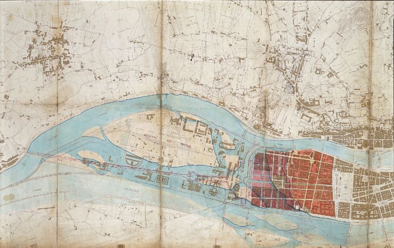 Plan superposé sur fond moderne, de l'état du confluent avant les travaux, et selon les projets de Perrache / [après 1867]. [1 : 5.000]