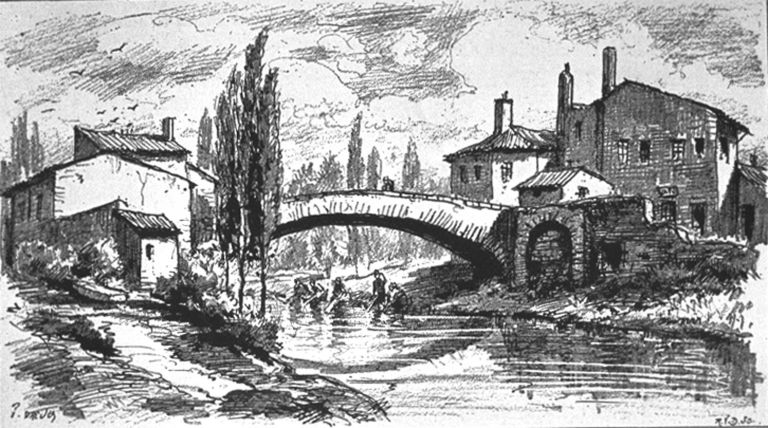 Pont sur une ancienne lône à Perrache, d'après Baron, 1807