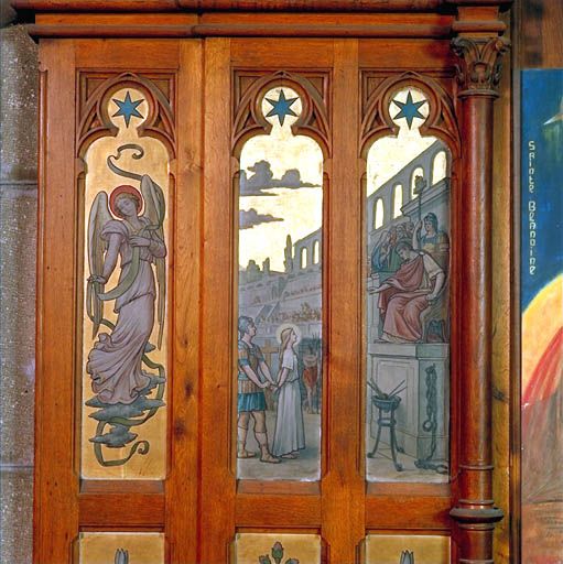 Retable de l'autel dédié à sainte Blandine : détail des 3 panneaux supérieurs gauche