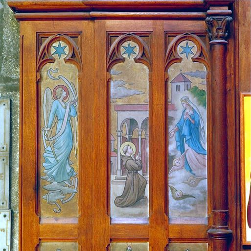 Retable de l'autel dédié à saint Antoine de Padoue : détail des 3 panneaux supérieurs gauche
