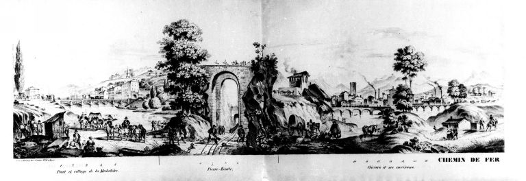 Chemin de fer. Vue du Rhône avec le halage à la Mulatière et le pont... / Béraud, [vers 1830]