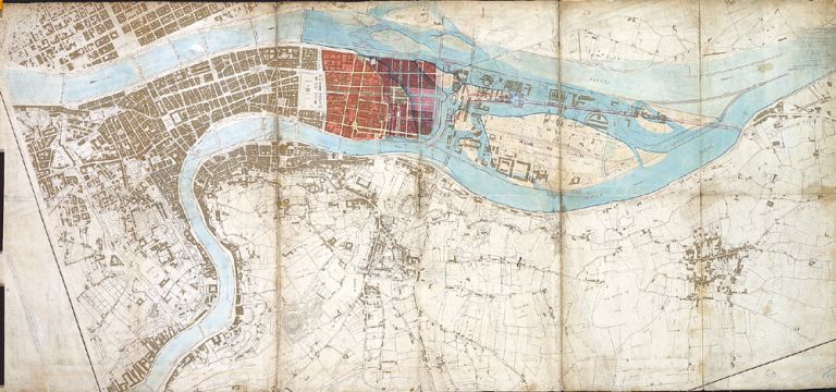 Plan superposé sur fond moderne, de l'état du confluent avant les travaux, et selon les projets de Perrache / [après 1867]