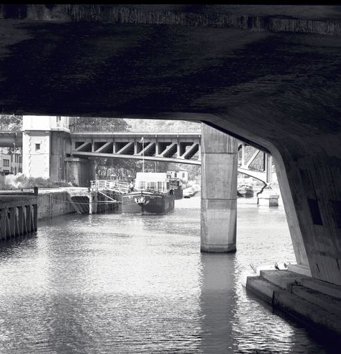 Vue d'ensemble du bas-quai de la rive gauche, et de l'estacade, entre le pont autoroutier et la viaduc de la Quarantaine