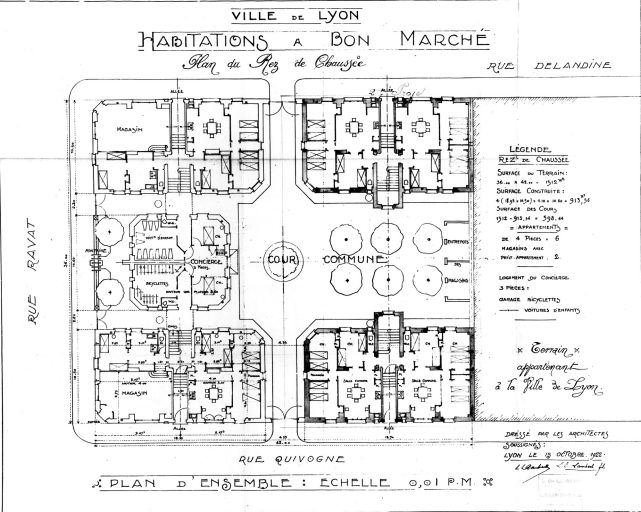 Ville de Lyon. Habitations à bon marché. Plan du rez-de-chaussée. 2e projet / L. Ch. Lambert, L. E. Lambert fils, 15 octobre 1922