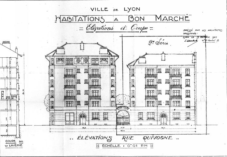 Ville de Lyon. Habitations à bon marché. Elévations rue Quivogne. Coupe sur la laverie / L. Lambert, L. E. Lambert fils, 15 octobre 1922