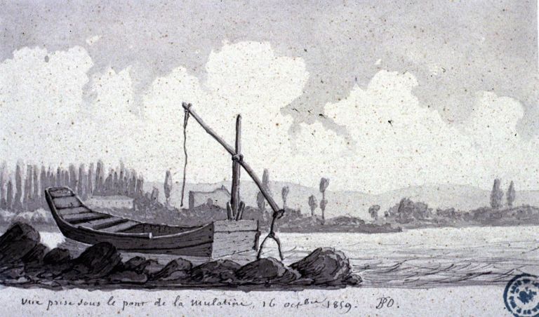 Vue prise sous le pont. Dessin / Paul Saint-Olive, 1859