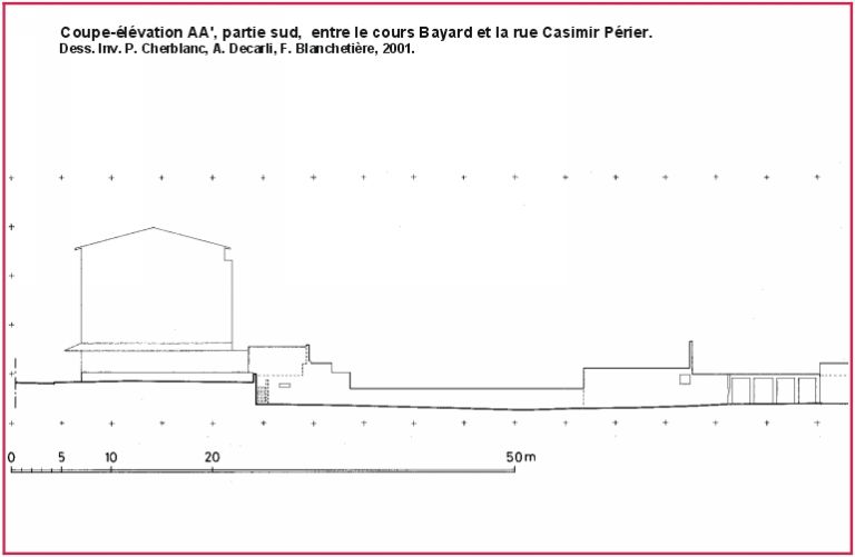 Coupe élévation entre le cours Bayard et la rue Casimir-Perier. Partie sud