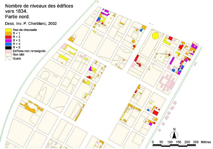 Nombre de niveaux des édifices en 1834. Partie nord