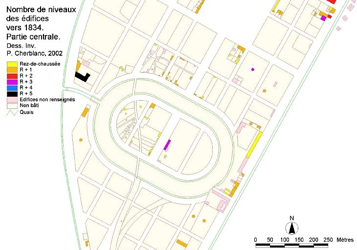 Nombre de niveaux des édifices en 1834. Partie centrale