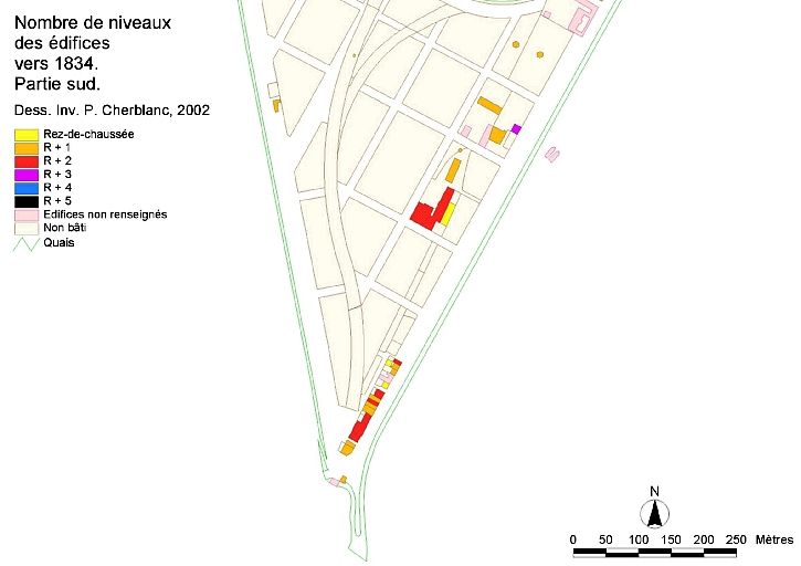 Nombre de niveaux des édifices en 1834. Partie sud