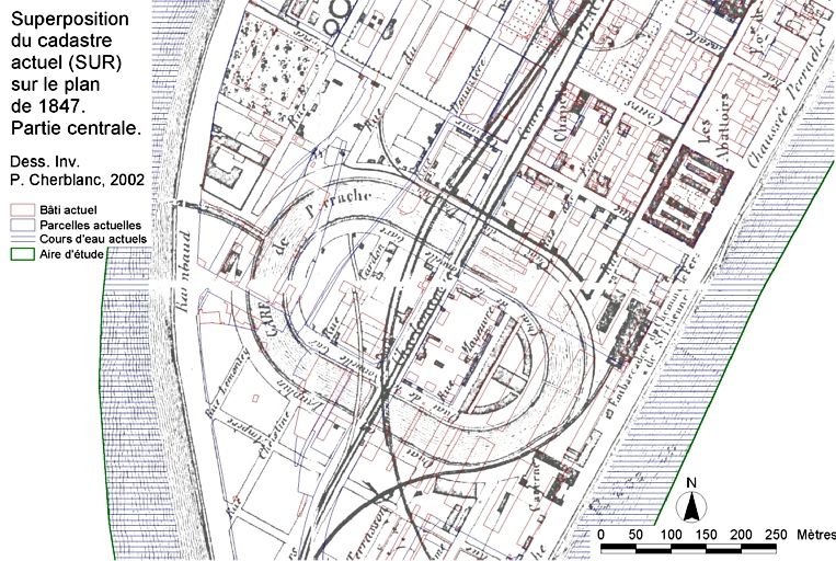 Superposition du cadastre actuel (SUR) sur le plan de 1847. Partie centrale