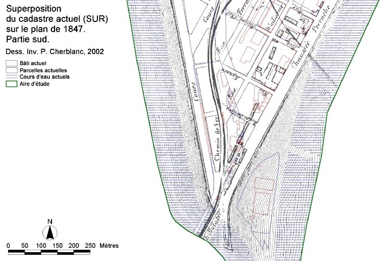 Superposition du cadastre actuel (SUR) sur le plan de 1847. Partie sud