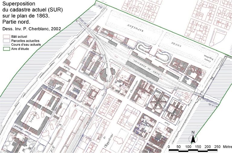 Superposition du cadastre actuel (SUR) sur le plan de 1863. Partie nord