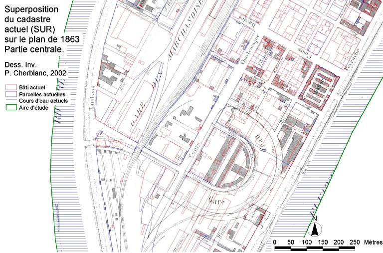 Superposition du cadastre actuel (SUR) sur le plan de 1863. Partie centrale