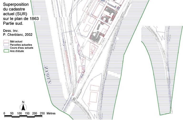 Superposition du cadastre actuel (SUR) sur le plan de 1863. Partie sud