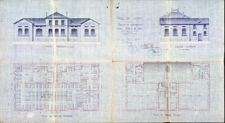 Plans et élévations de l'asile de nuit / J. Cumin, 1886