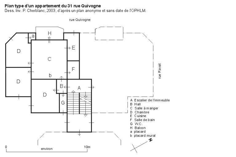 HBM, 31 rue Quivogne. Plan type d'un appartement de 4 pièces