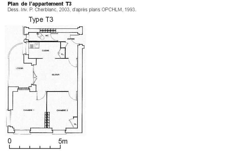 Cité HBM Perrache. Plan type d'un appartement T3