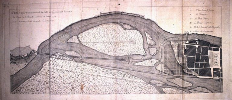 Plan de la partie méridionale de la ville de Lyon avant l'exécution du projet du sieur Perrache / Maître, [1772]