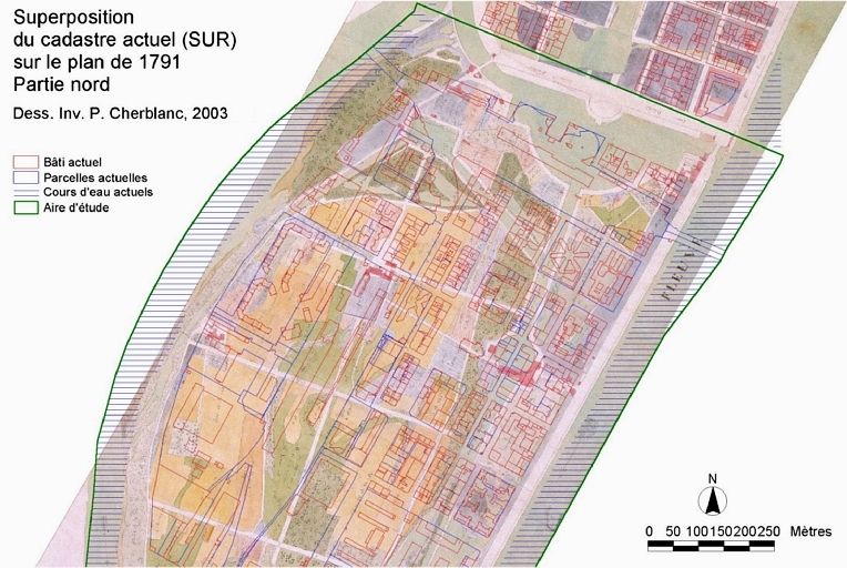 Superposition du cadastre actuel (SUR) sur le plan de 1791, partie nord