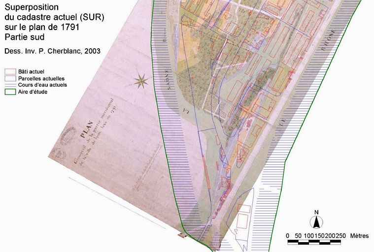 Superposition du cadastre actuel (SUR) sur le plan de 1791, partie sud