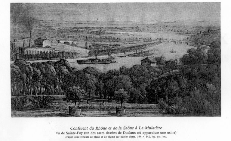 Confluent du Rhône et de la Saône à la Mulatière, dessin de Duclaux [1850]