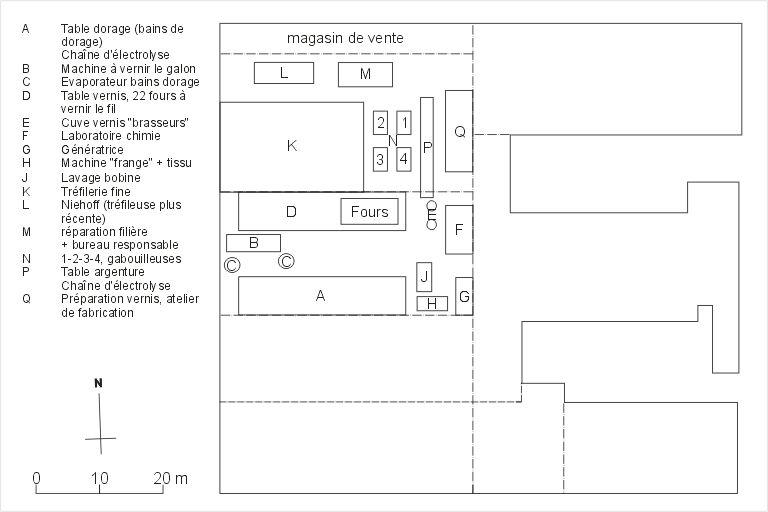 Plan de l'atelier de tréfilerie et de DVP (dorure, vernis, peinture) localisé au rez-de-chaussée avec localisation des machines (Paul Cherblanc)