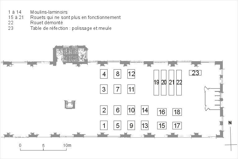 Plan de l'atelier moulins, 2e étage, aile est, avec localisation des machines d'après le plan d'évacuation D.S.P.I.