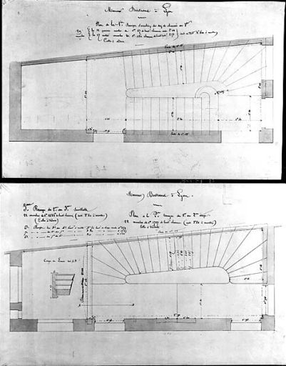 Feuilles 12 et 13, [plans du rez-de-chaussée et du 1er étage d'escalier], par H. Feuga, 1869.