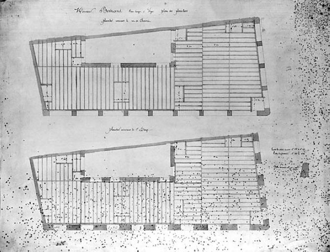 Feuille 14, Plan des planchers. Plancher couvrant le rez-de-chaussée. Plancher couvrant le 1er étage, par H. Feuga, 1869.