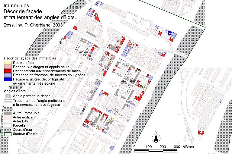 Carte des immeubles. Décor de façade et traitement des angles d'îlots