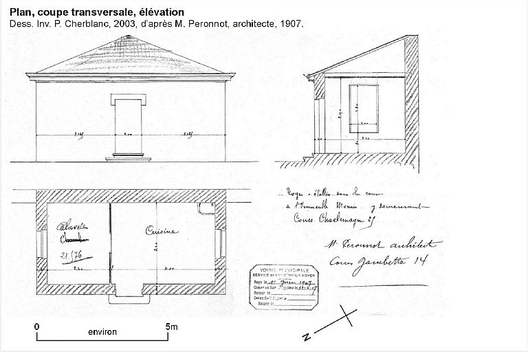 25 cours Charlemagne. Plan, coupe et élévation de la loge de concierge