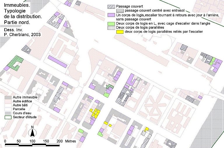 Carte des immeubles. Typologie de la distribution. Partie nord