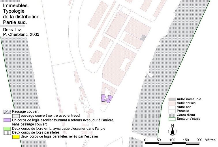 Carte des immeubles. Typologie de la distribution. Partie sud