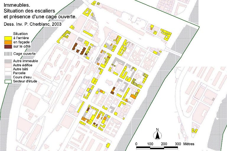 Carte des immeubles. Situation des escaliers et localisation des cages ouvertes