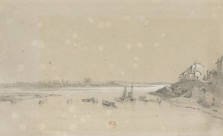 Vue du pont détruit depuis le nouveau pont de la Mulatière construit plus au nord. Dessin, [1er quart 19e siècle]