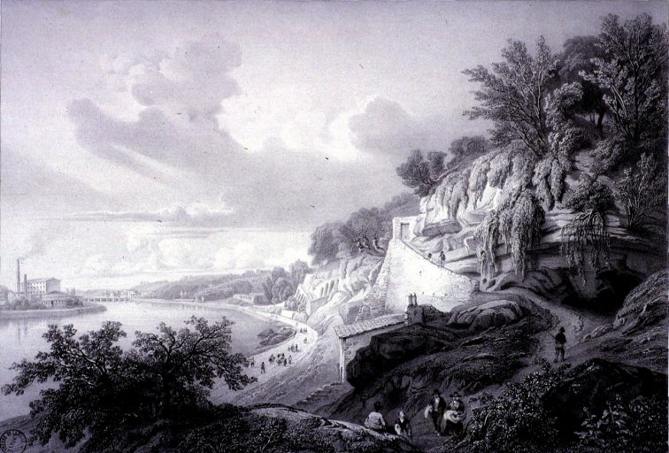 Confluent du Rhône et de la Saône à la Mulatière, vue de Sainte-Foy-les-Lyon où apparaît une usine / Antoine-Jean Duclaux, 2e quart XIXe siècle