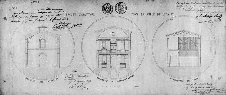 Projet d'abattoir. Coupes transversales / L. Dupasquier et V. Farge, 20 novembre 1828