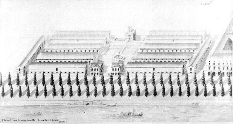 Projet d'abattoir. Vue cavalière depuis le Rhône, [vers 1828]