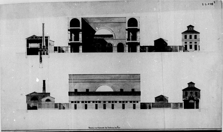 Projet d'abattoir. Elévation du bâtiment aux porcs, [vers 1830]