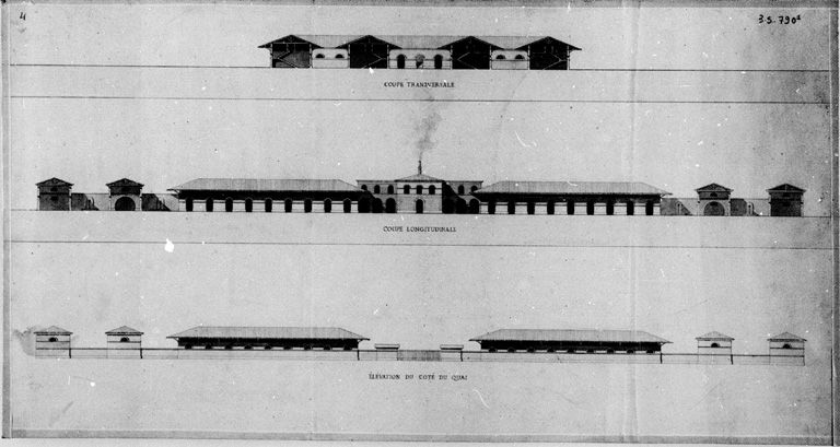 Projet d'abattoir. Coupes et élévation du côté du quai, [vers 1830]