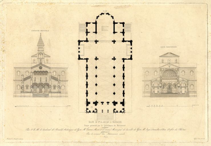 Eglise Sainte-Blandine : projet de Dardel et Hotelard. Plan, coupe transversale, élévation, 1842