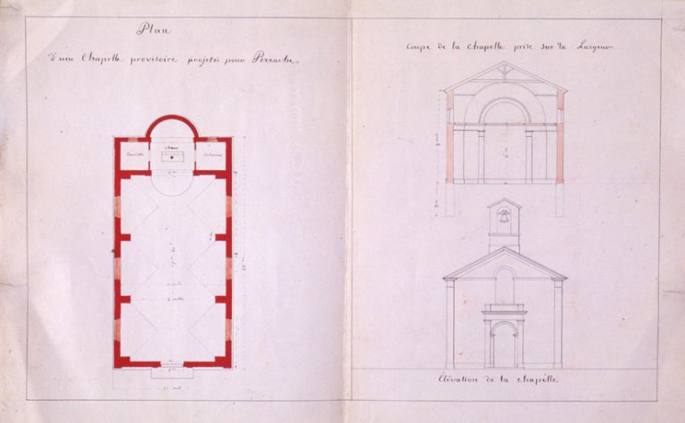 Plan, coupe transversale et élévation d'une chapelle provisoire projetée pour Perrache